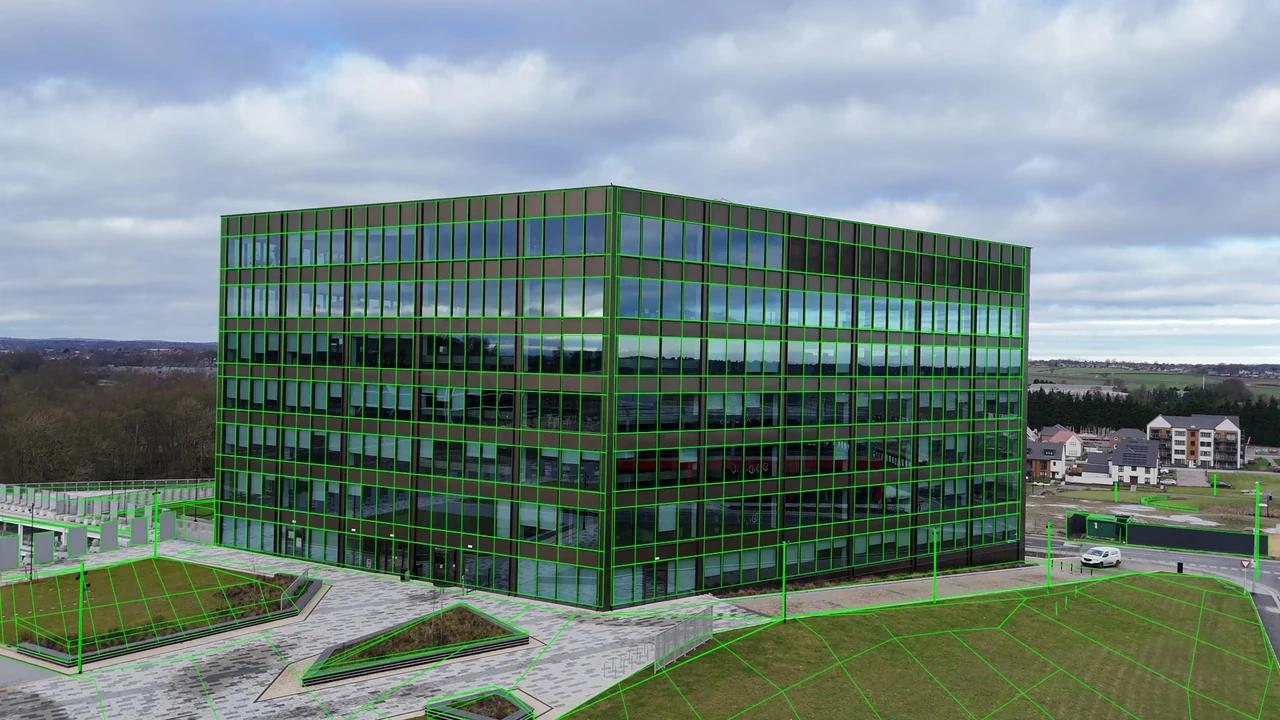 Architectural Camera Tracking — wireframe overlay on Office Exterior footage