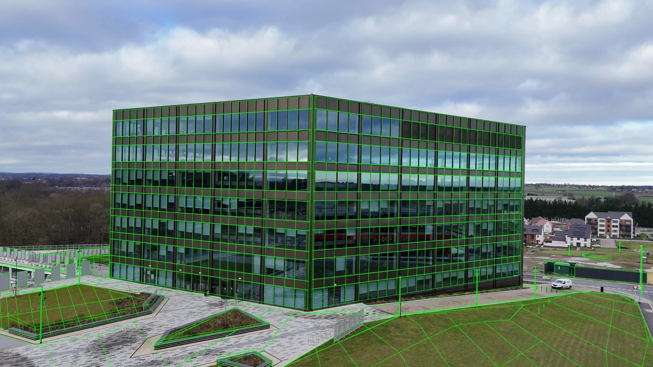Office exterior: wireframe at the corresponding source frame