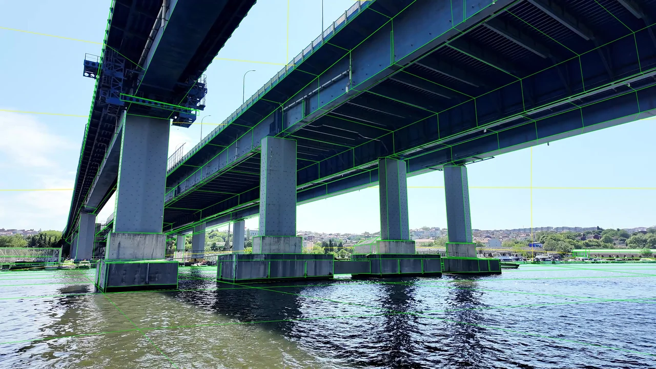 Camera Tracking & Bridge Reconstruction — wireframe overlay on Under the Bridge footage